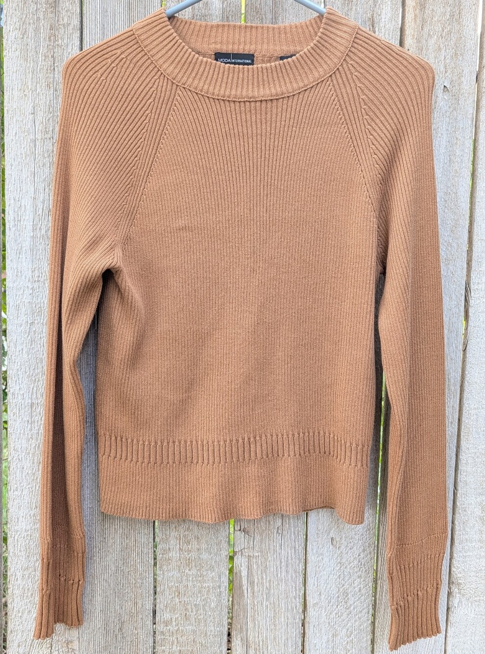 Moda International Ribbed Crewneck Sweater in Camel Brown